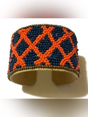 Handmade Navy & Orange Beaded Cuff Bracelet - Unbranded
